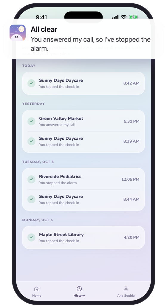 Lookback History shows completed trips and an All clear notification.