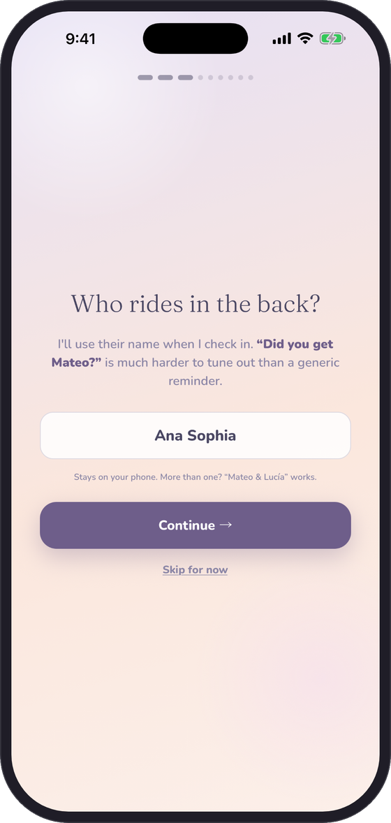 Lookback’s optional name setup screen asks “Who rides in the back?” with Ana Sophia entered.